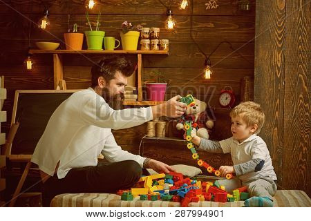 Fathers Day Concept. Father And Baby Son Play With Toys On Fathers Day. I Have Fathers Day Everyday.