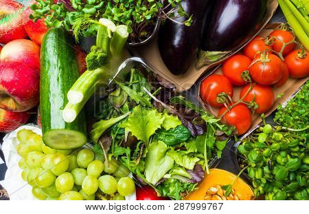 Arrangement Of Different Colorful Tasty Vegetables Fruits Background. Horizontal. Healthy Food Conce
