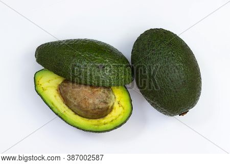 Open Avocado On A White Background. Avocado Macro. Close Up Avacado. Avocado Isolated On White Backg