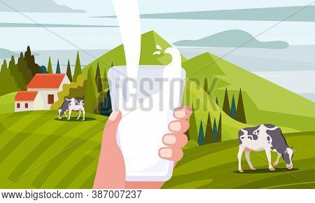 Milk From The Farm Concept With A Hand Holding A Glass In Which Fresh Milk Is Poured, Against The Ba