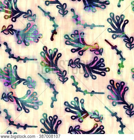 Blurry Rainbow Glitch Artistic Foliage Texture Background. Irregular Bleeding Watercolor Tie Dye Sea
