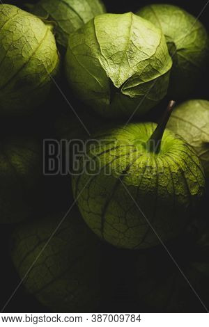 Macro Close Up Portrait Of Tomatillo, Mexican Husk Tomato, Selective Focus