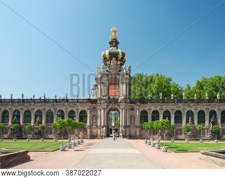 Dresden, Germany - July 26, 2019: Crown Gate With Long Galleries In Zwinger, Palatial Complex In Dre