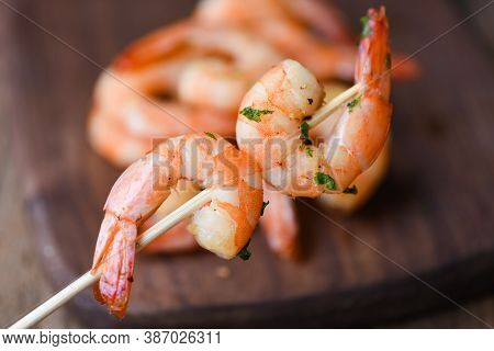 Salad Grilled Shrimp Skewers Delicious Seasoning Spices Appetizing Cooked Shrimps Baked Prawns Seafo