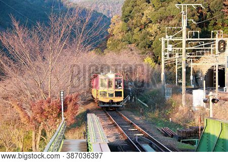 Arashiyama, Kyoto, Japan November 17, 2017: Classic Train On Autumn At Kameoka Torokko Station It Is