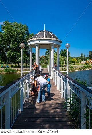 Bridge Over The Pond And Gazebo In Zaporozhye, Ukraine