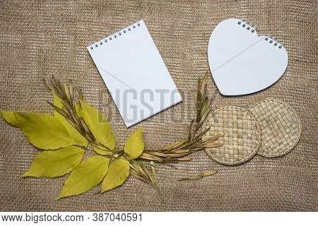 Blank Yellow Frame, Red Maple Leaves And Seeds On Brown Sackcloth Background. Top View Flat Lay Autu