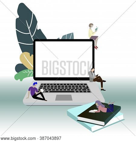 Reading Online Concept. Online Learning And Read, Distance E-learning, Webinar Tutorial Using Laptop