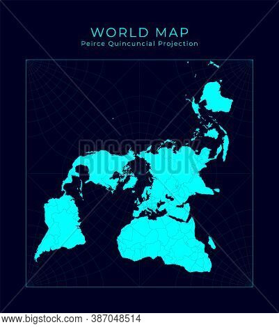 Map Of The World. Peirce Quincuncial Projection. Futuristic Infographic World Illustration. Bright C