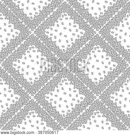 Coffee Beans Seamless Pattern With Square Elements. Hand Drawn Doodle Black Outline Background To Cr