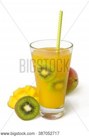 Coconut Rum Tropical Cocktail With Mango, Kiw, Pineaple With Fresh Ingredients Isolated On White Bac