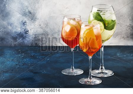 Set Of Summer Italian Alcoholic Cocktails, Aperol Spritz, Martini Royale, Campari Tonic With Bitters