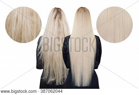 Sick, Cut And Healthy Hair Care Keratin. Before And After Treatment. White Isolated Background
