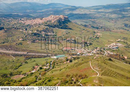 Ancient Calascibetta Landscape City On Rock, Sicily, Italy