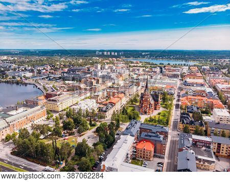 Lulea, Sweden - July 05, 2019: Panorama City, Cathedral Sunny Day, Blue Sky