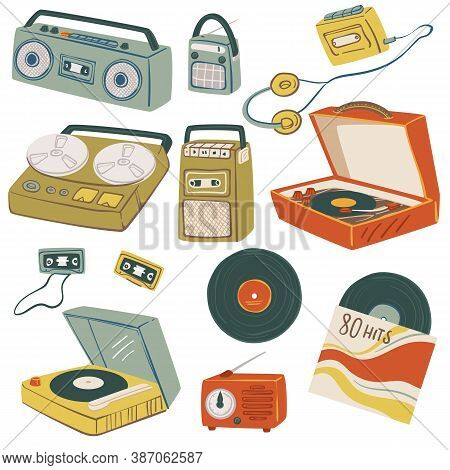 Old Magnetophones And Tape Recorders, Vintage Gadgets Vector