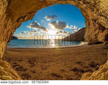 Porto Katsii beach on the island of Lefkas in Greece at sunset