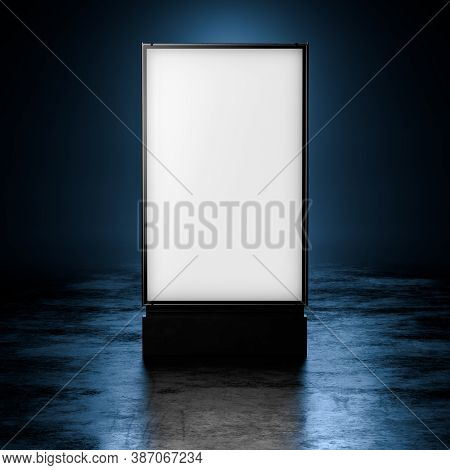 Blank White Illuminated Outdoor Banner Stand At Dark Ambience. Empty Space. Copy Space. 3d Rendering