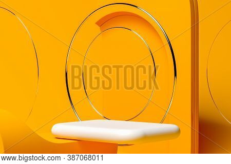 White Marble Foursquare Showcase Near Geometric Metallc Round Elements On Orange Background. Copy Sp