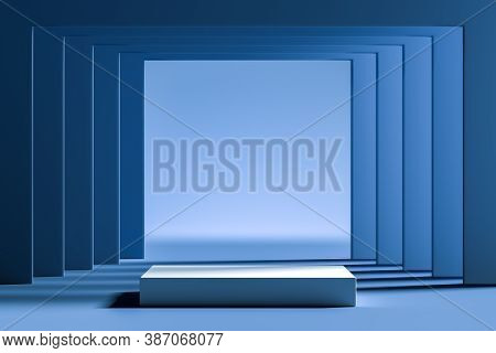 Blue Foursquare Showcase With Empty Space On Pedestal Near Blue Foursquare Geometric Arch. Copy Spac