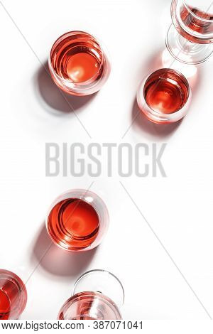 Red Wine Glasses On Wine Tasting. Degustation Different Varieties Of Red Wine Concept. White Backgro
