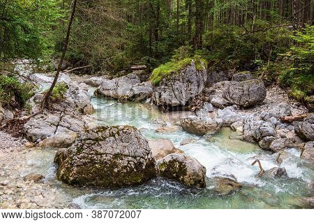 River Ramsauer Ache In The Berchtesgaden Alps, Germany.