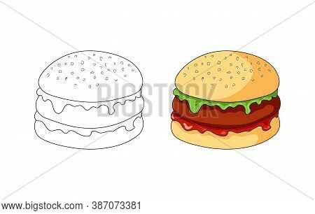 Fast Food Coloring Book. Colorful Burger In The Cartoon Style. Bun, Leaf Of Green Salad, Cutlet, Ket