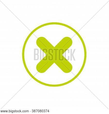 Green Delete Button In Green Circle. Warning Error Icon. Flat Vector Icon Isolated On White.