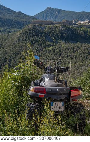 Briancon, France - July 7, 2020: Moto Tricycle And A View At A Fortress Of Briancon