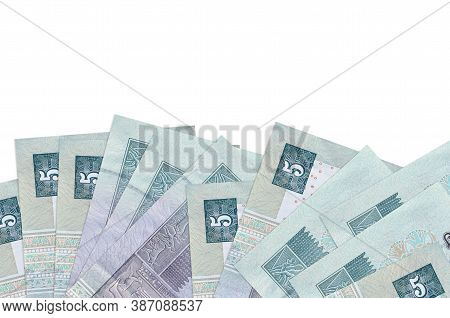 5 Egyptian Pounds Bills Lies On Bottom Side Of Screen Isolated On White Background With Copy Space. 