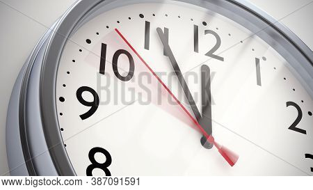 Five Minutes To Twelve: Midnight Or Noon. Metal Office Clock On White Wall. 3d Illustration