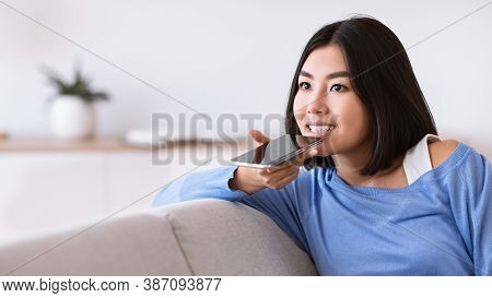 Voice Search. Closeup Portrait Of Asian Woman Using Smart Phone Voice Recognition To Send Message, H
