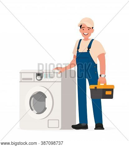 Happy Repairman And Washing Machine. Vector Illustration.
