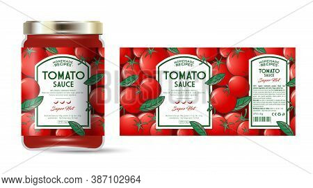 Label And Packaging Of Tomato Hot Sauce With Chili Pepper. Jar With Label. Text In Frames On Seamles