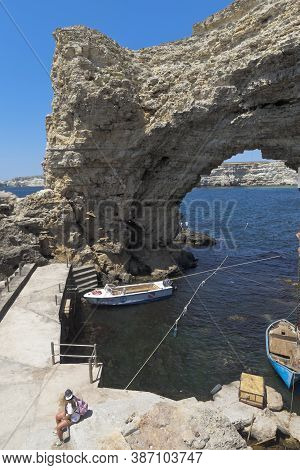 Chernomorsky District, Crimea, Russia - July 21, 2020: Arch Of The Big Atlesh Cape On The Tarkhankut