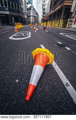 London / Uk -  2020.07.18: Traffic Cones Lie On The Road At Threadneedle Street