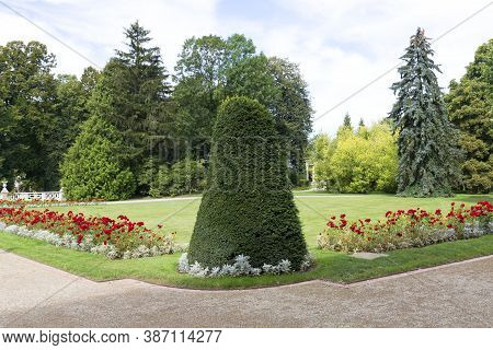 Lancut, Poland - August 26, 2020: View Of The Garden Surrounding 16th Century Baroque Lancut Castle,