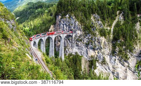 Landscape With Landwasser Viaduct In Summer, Filisur, Switzerland. It Is Landmark Of Swiss Alps. Pan