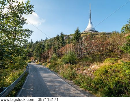 Trip To Jested Mountain With Popular Jested Tower And Hotel. Visible Telecommunication Transmitter B