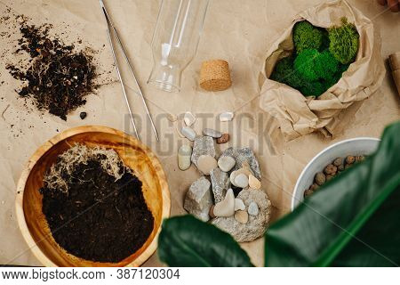 Gardening Stuff On The Floor. Moss, Soil, Stones And Clay Pebbels