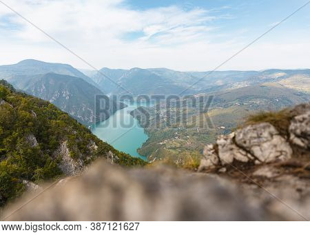 Tara National Park, Serbia. Viewpoint Banjska Stena. View At Drina River Canyon And Lake Perucac Wit