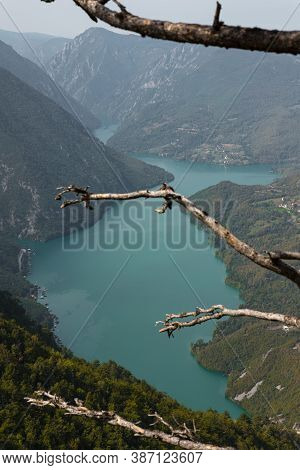 Tara National Park, Serbia. Viewpoint Banjska Stena. View At Drina River Canyon And Lake Perucac Wit
