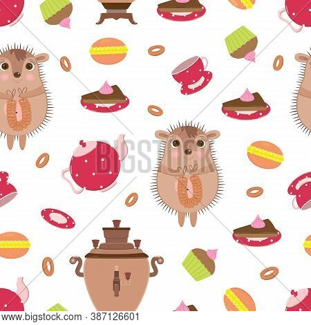 Vector Seamless Pattern With Funny Small Hedgehog, Tea Pot And Sweats For Holiday Tea Drinking. Chil