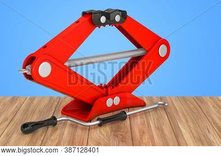 Blue Scissor Jack, Car Lifter On The Wooden Table, 3d Rendering