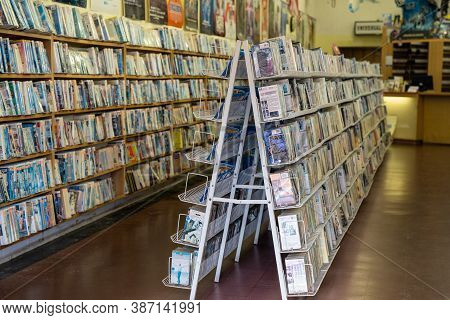 Seaside, Oregon - July 31, 2020: Interior Of A Video Rental Store, Renting Dvd And Vhs Movies