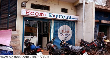 District Katni, India - August 01, 2019: Ecom Express Building View On Road Side Sky Background.
