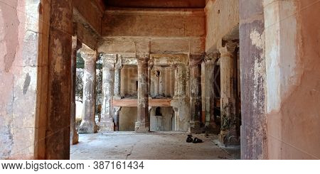 District Katni, India - October 10, 2019: Stone Pillar Architect Indian Tourist Attraction At Ancien