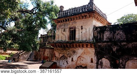 District Katni, India - October 10, 2019: Damaged Wall Building View Around Indian Tourist Attractio