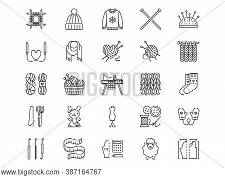 Knitting Flat Line Icons Set. Crochet, Hand Made Scarf, Wool Ball, Thread And Needle Vector Illustra