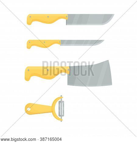Set, Collection Of Kitchen Knives, Different Shapes, Domestic, Household Objects Isolated On White B